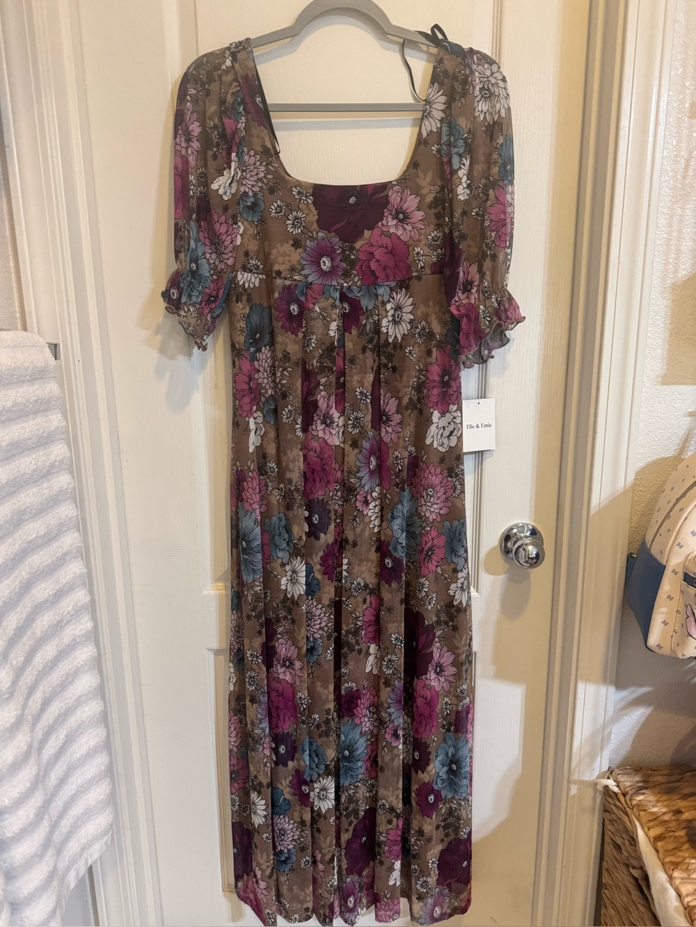Brown Floral Maxi Dress with Pink & Blue Accents